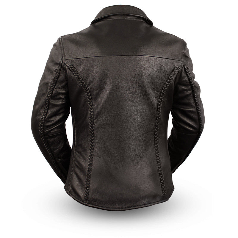 Ladies Contessa Jacket: ﻿Soft naked cowhide
-Snap-down shirt-collar, braided detail on the front, back and sleeves

Hidden zi