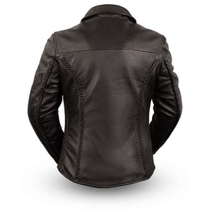 Ladies Contessa Jacket: ﻿Soft naked cowhide
-Snap-down shirt-collar, braided detail on the front, back and sleeves

Hidden zi