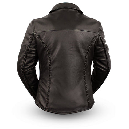 Ladies Contessa Jacket: ﻿Soft naked cowhide
-Snap-down shirt-collar, braided detail on the front, back and sleeves

Hidden zi