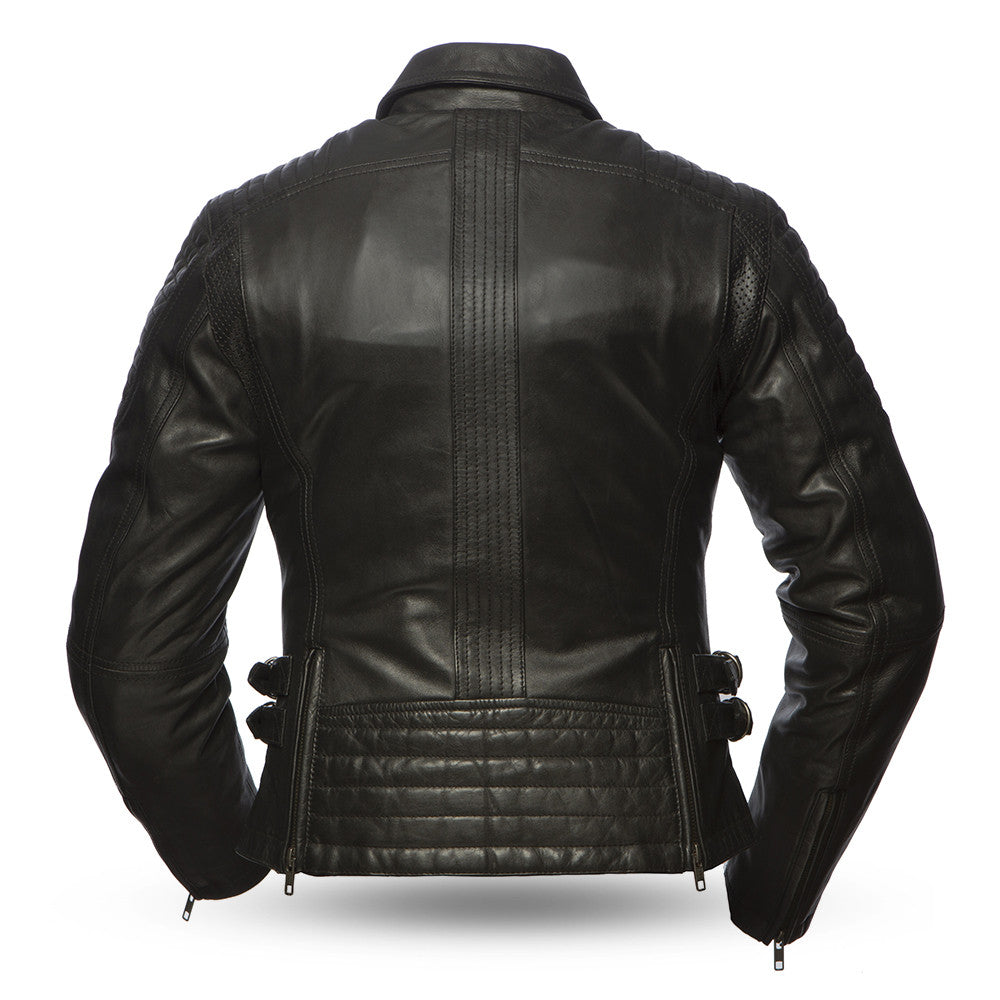Ladies Speedy Jacket: Light aniline cowhide
Center zipper with snap down shirt collar and shoulder stitch detail
Chest pocket