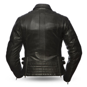 Ladies Speedy Jacket: Light aniline cowhide
Center zipper with snap down shirt collar and shoulder stitch detail
Chest pocket