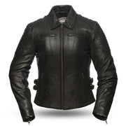 Ladies Speedy Jacket: Light aniline cowhide
Center zipper with snap down shirt collar and shoulder stitch detail
Chest pocket