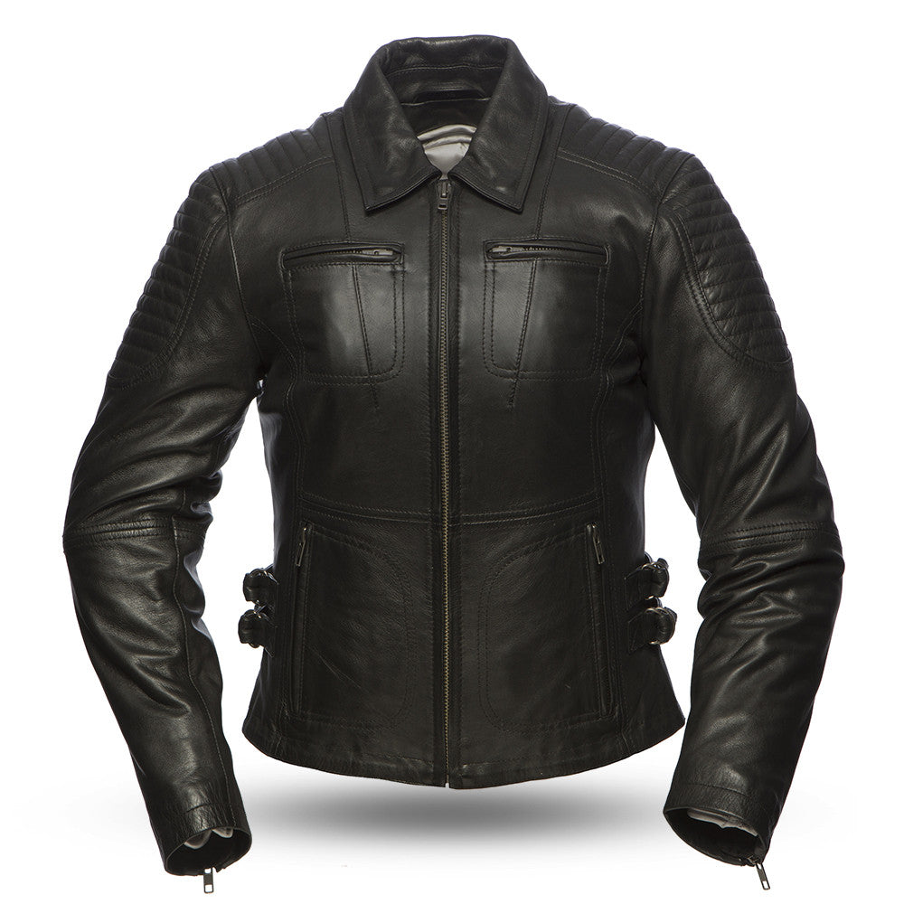 Ladies Speedy Jacket: Light aniline cowhide
Center zipper with snap down shirt collar and shoulder stitch detail
Chest pocket