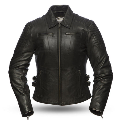 Ladies Speedy Jacket: Light aniline cowhide
Center zipper with snap down shirt collar and shoulder stitch detail
Chest pocket