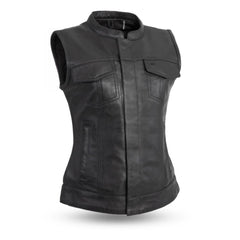 Ladies Cowhide Club Vest: Features:

1mm Cowhide
Club style with banded collar, covered snaps and cropped center zipper
Two b