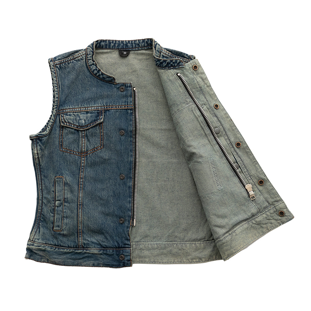 Ladies Lexi Blue Denim Vest: The Lexi is a clean, simple club style vest in our soft, comfy washed denim