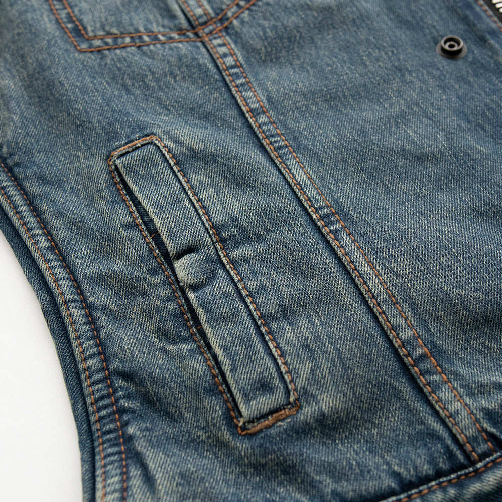 Ladies Lexi Blue Denim Vest: The Lexi is a clean, simple club style vest in our soft, comfy washed denim