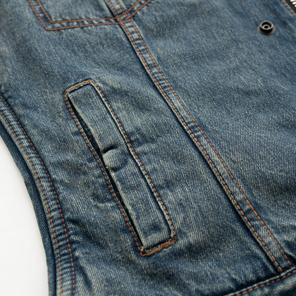 Ladies Lexi Blue Denim Vest: The Lexi is a clean, simple club style vest in our soft, comfy washed denim