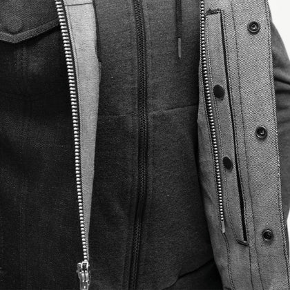 Ladies Essex Vest: The Essex is a Rough Neck Raw Denim vest with a removable sweatshirt, because who doesn't love versatility