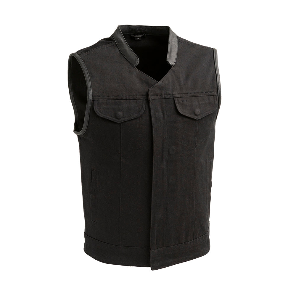 Men's Crossover Vest: True to size
Made in Jet Black lightweight twill fabric
Black Leather Trim on neck and armholes
Two che