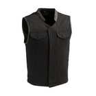 Men's Crossover Vest: True to size
Made in Jet Black lightweight twill fabric
Black Leather Trim on neck and armholes
Two che