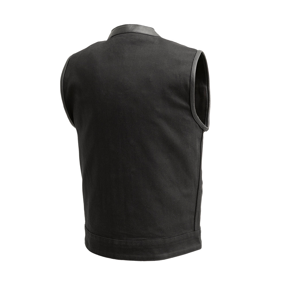 Men's Crossover Vest: True to size
Made in Jet Black lightweight twill fabric
Black Leather Trim on neck and armholes
Two che