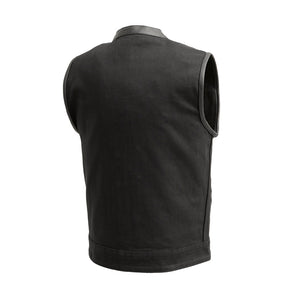 Men's Crossover Vest: True to size
Made in Jet Black lightweight twill fabric
Black Leather Trim on neck and armholes
Two che