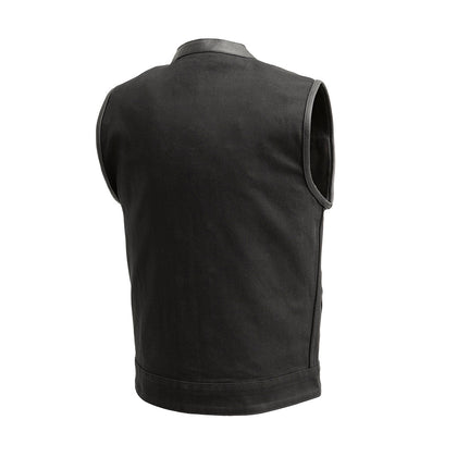 Men's Crossover Vest: True to size
Made in Jet Black lightweight twill fabric
Black Leather Trim on neck and armholes
Two che