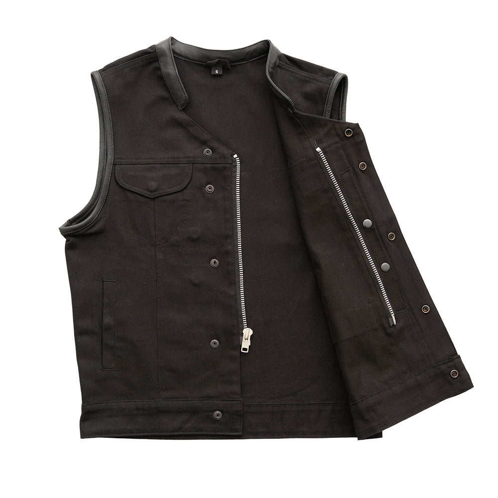 Men's Crossover Vest: True to size
Made in Jet Black lightweight twill fabric
Black Leather Trim on neck and armholes
Two che