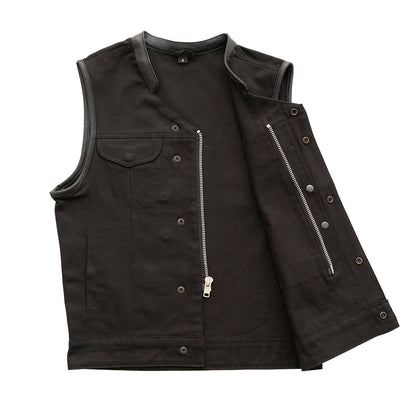 Men's Crossover Vest: True to size
Made in Jet Black lightweight twill fabric
Black Leather Trim on neck and armholes
Two che