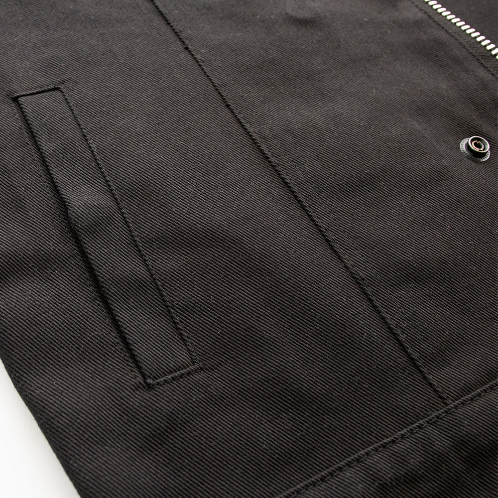 Men's Crossover Vest: True to size
Made in Jet Black lightweight twill fabric
Black Leather Trim on neck and armholes
Two che