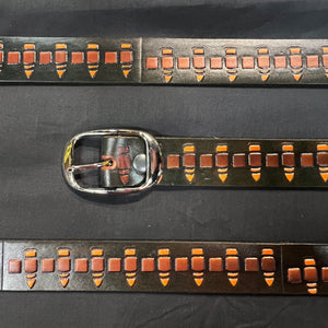Belt Bullet Painted Scene: Complete your outfit with this rustic leather snap belt with tarnished brass buckle or stainless s
