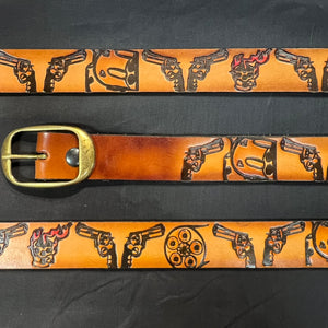 Belt Magnum 44: Complete your outfit with this rustic leather snap belt with tarnished brass buckle or stainless steel