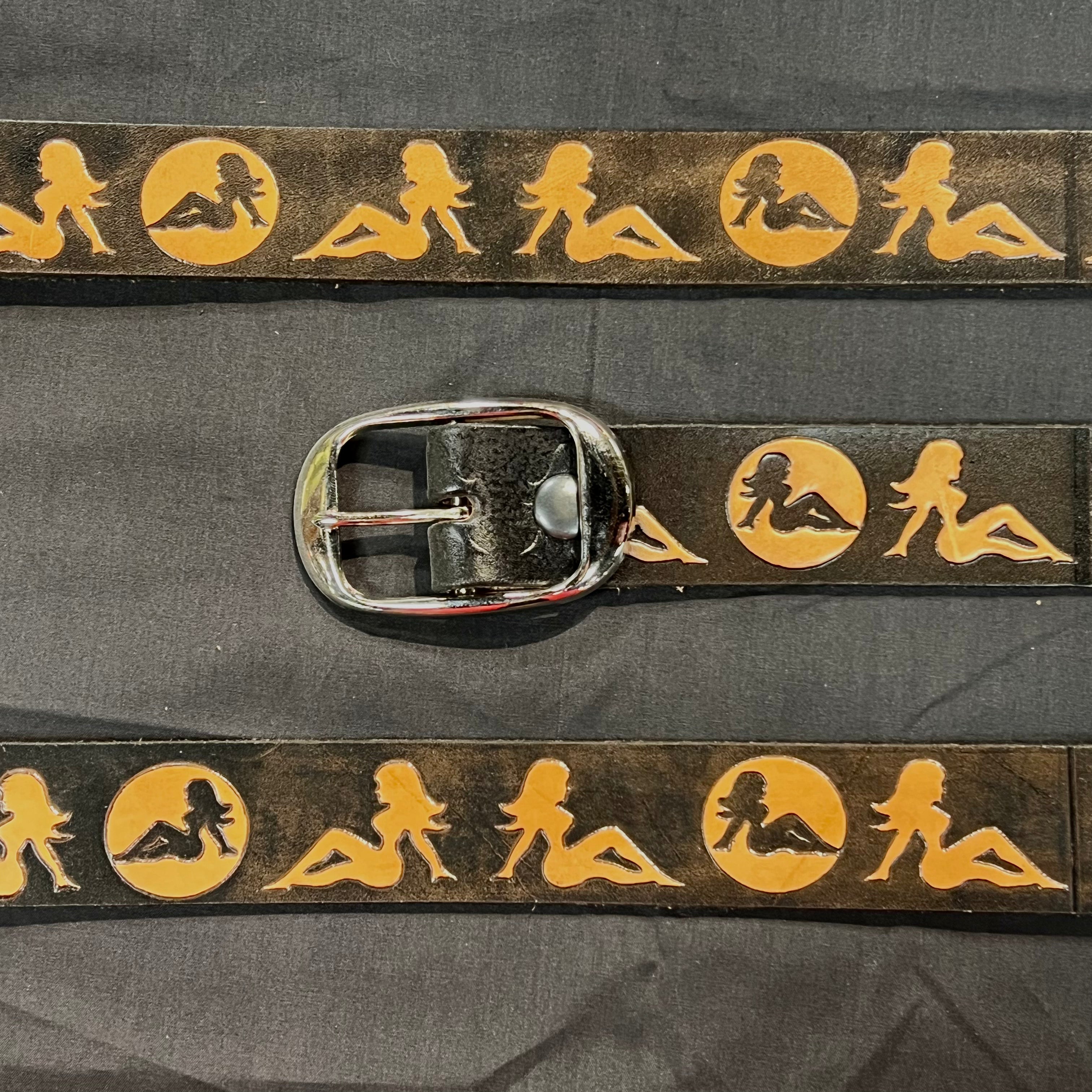 Belt Mud Flap Girl: Complete your outfit with this rustic leather snap belt with tarnished brass buckle or stainless steel