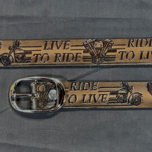 Belt Live To Ride: Complete your outfit with this rustic leather snap belt with tarnished brass buckle or stainless steel