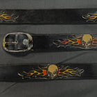 Belt Skull & Flame: Complete your outfit with this rustic leather snap belt with tarnished brass buckle or stainless steel