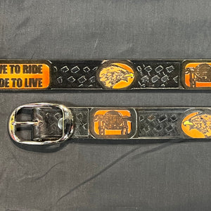 Belt Painted Live To Ride: Complete your outfit with this rustic leather snap belt with tarnished brass buckle or stainless s