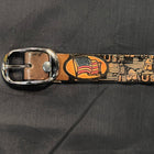 Belt All Over Flag: Complete your outfit with this rustic leather snap belt with tarnished brass buckle or stainless steel