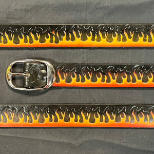 Belt Rising Flame Scene: Complete your outfit with this rustic leather snap belt with tarnished brass buckle or stainless ste