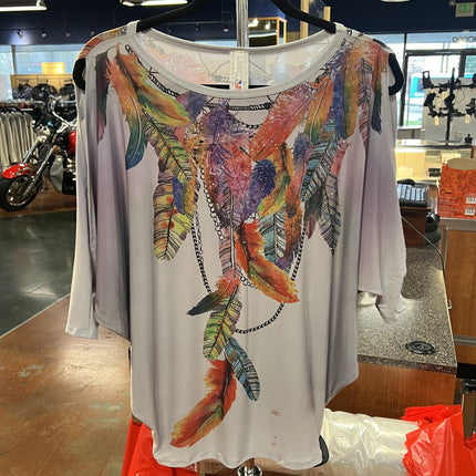 Cold Shoulder Feathers Shirt: Description:-Fun and flirty, this printed cold-shoulder top offers comfort and style