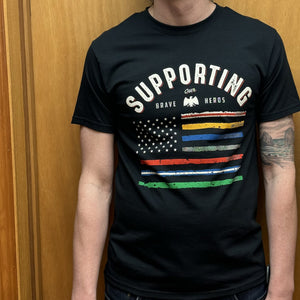 Brave Heros Men's Shirt: Shirt that says Supporting Our Brave Heros on top of an altered flag