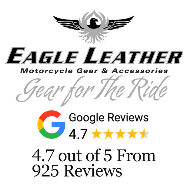 Eagle Leather logo with the tagline 'Motorcycle Gear & Accessories' and 'Gear for the Ride' beneath. Below the logo is a Google Reviews icon with a 4.7 out of 5 star rating from 925 reviews.