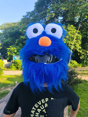 Helmet Cover - Blue Mop Head: Experience the joy of a head turning ride with our silliest goose on the loose - the Blue Mop M