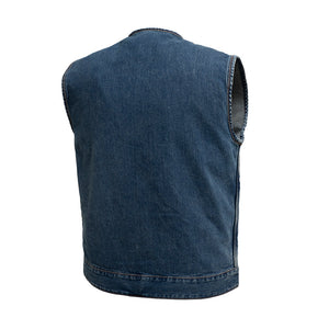 Men's No Limit Denim Vest: True to size
Made in Washed Blue Denim
Roll up collar
Two chest pockets with snap closures
Two sla