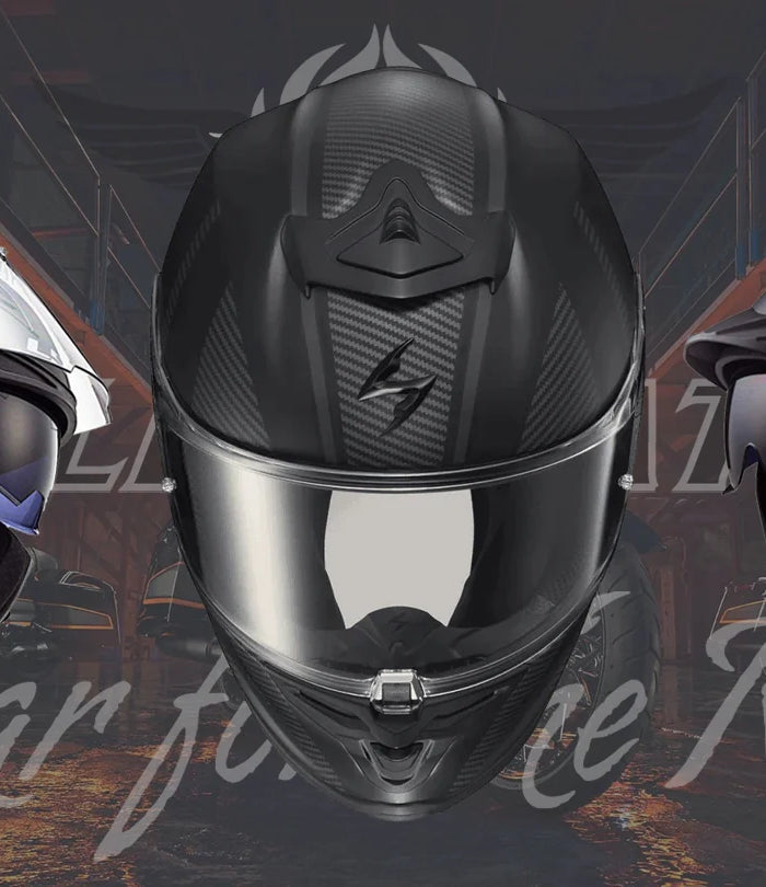 A collection of three motorcycle helmets displayed against a dark background with the text 'Gear for the Ride' faintly visible. The helmets include a modular helmet, a full-face helmet, and an open-face helmet.