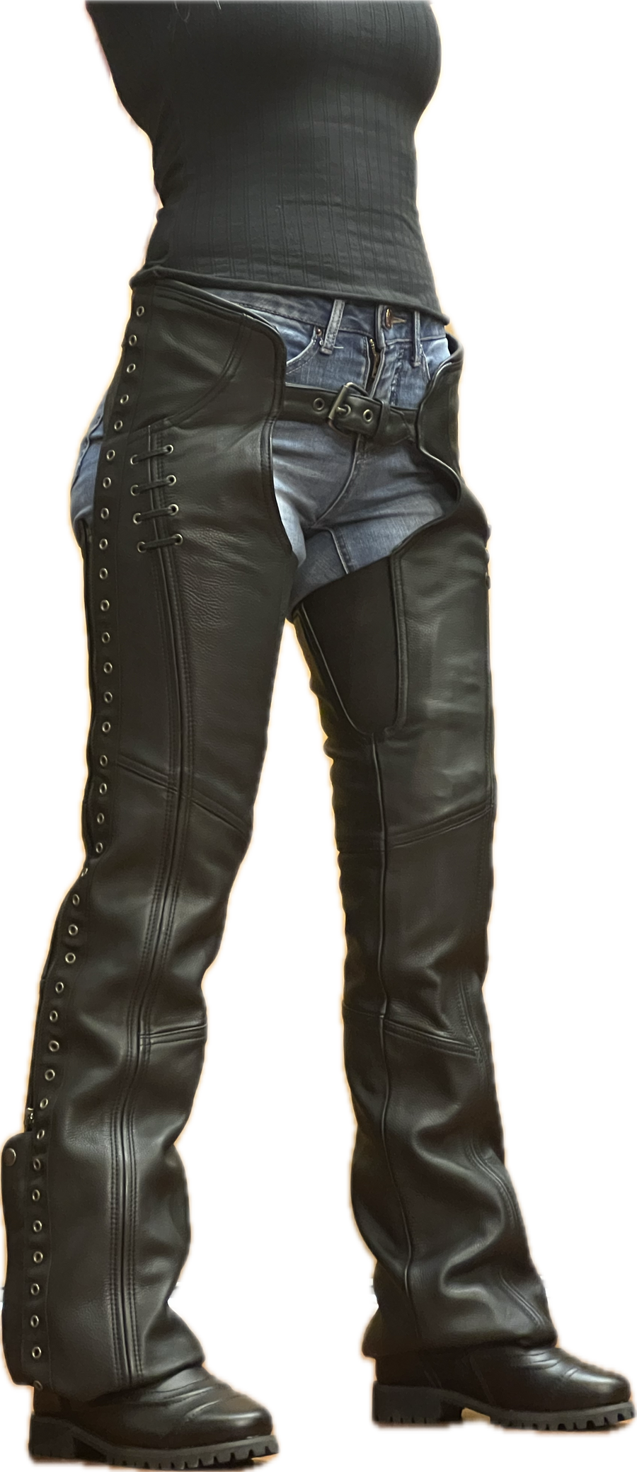 Men's Black Zip-out Pants Style Leather Motorcycle Chaps