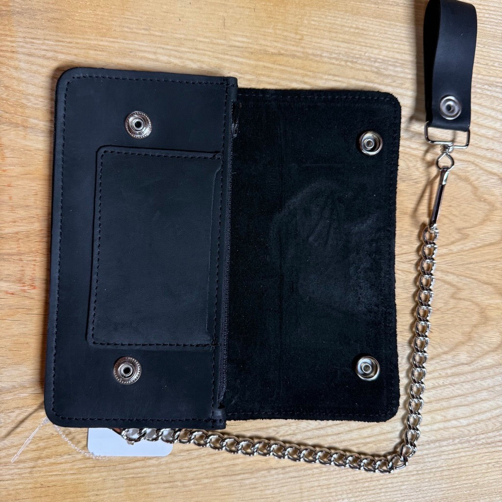 USA-Made BW829-40 7" Oil Tanned Wallet Eagle Head: 7 inch oil tanned biker wallet with chain and eagle