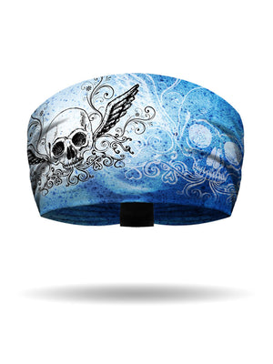 Numbskull Fleece Headband: This design features a sketched skull &amp; wing design and distressed denim background