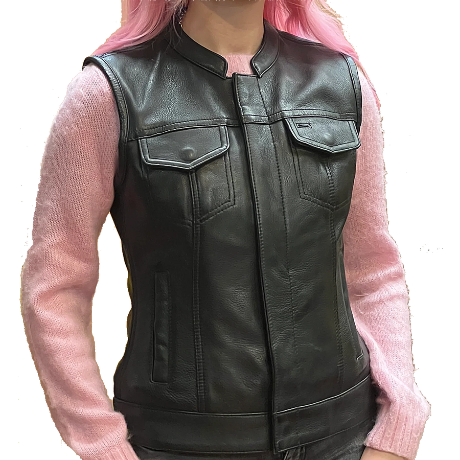 Ladies dot leather vest front view by eagle leather