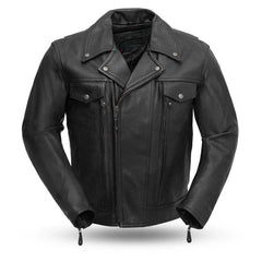 Eagle Leather Mastermind jacket with snap-down lapel, collar, and asymmetrical zipper