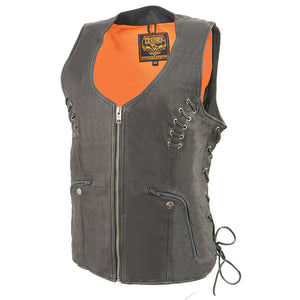 Ladies Covert Carry Vest: Features:

Made of Premium High-Grade Leather
Front Zipper Closure, Lacing Accents
Adjustable Side 