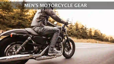 Men's Motorcycle Gear Collection Eagle Leather. A man riding a motorcycle from left to right.
