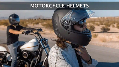 Motorcycle Helmets Collection Eagle Leather. Focal point of a woman fastening their helmet.