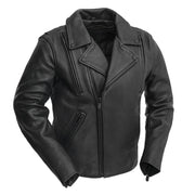 Eagle Leather Men's Night Rider jacket in 1.3-1.4 mm platinum cowhide with snap-down lapel and asymmetrical zipper