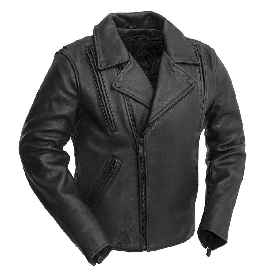 Eagle Leather Men's Night Rider jacket in 1.3-1.4 mm platinum cowhide with snap-down lapel and asymmetrical zipper