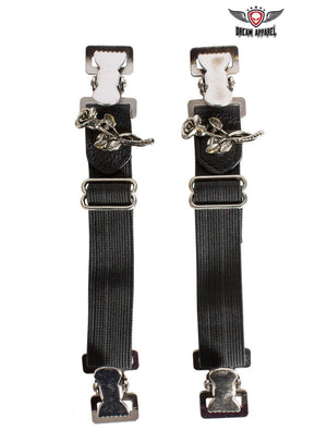 Rose Pants Boot Clips: Alligator boot clips
Beautiful rose design
6 Inch elastic band, can stretch
Steel clips
Small and ligh