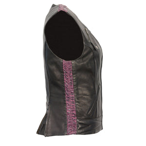 Ladies Front Zipper Vest Bk/Pp: Features:

Made from Premium Naked Goatskin
Leather Crimping Highlighting the Side
Snap Front