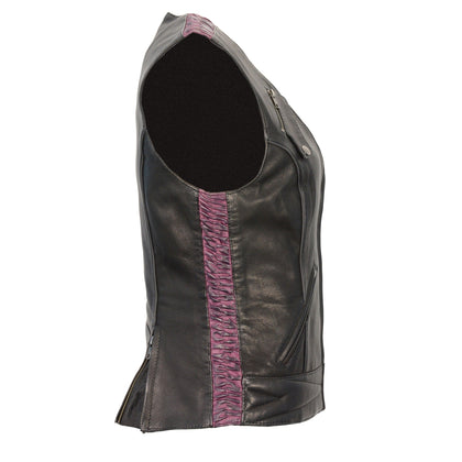 Ladies Front Zipper Vest Bk/Pp: Features:

Made from Premium Naked Goatskin
Leather Crimping Highlighting the Side
Snap Front