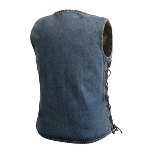 Ladies Tiff Blue Denim Vest: The Tiff is a women’s lightweight vest with V-neck made in our comfy Washed Denim