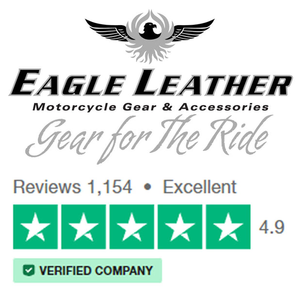 Eagle Leather logo with the tagline 'Motorcycle Gear & Accessories' and 'Gear for the Ride' beneath. Below the logo, a TrustPilot review rating shows 1,154 reviews with an 'Excellent' rating of 4.9 stars and a 'Verified Company' status.